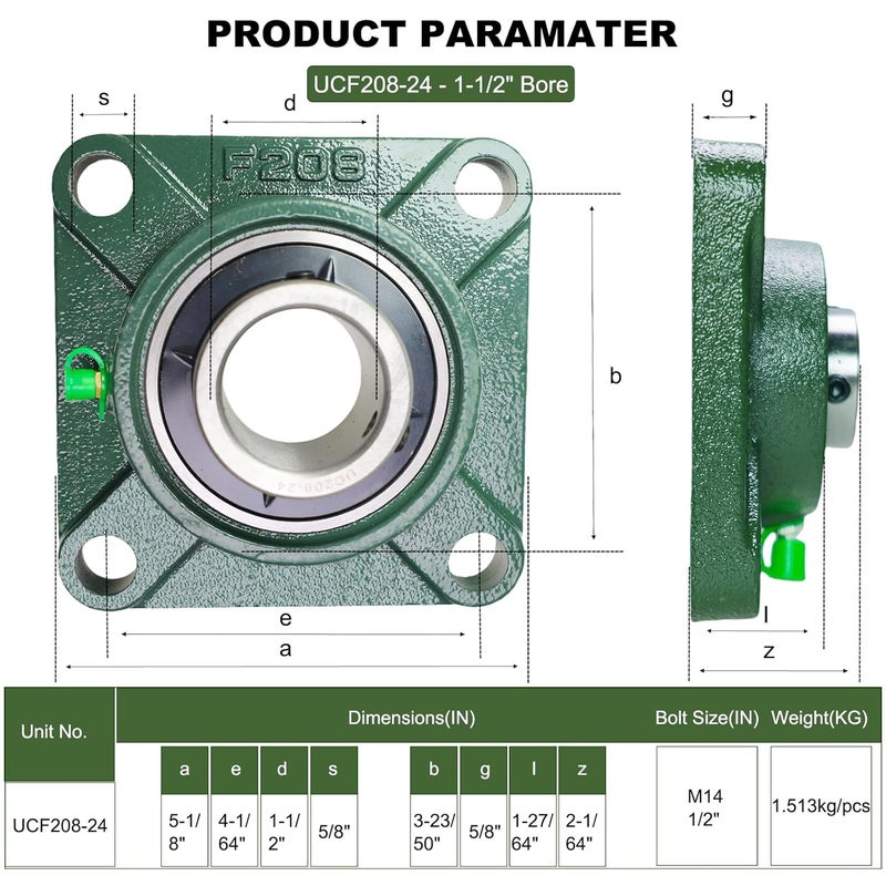 SACKORANGE 2 Pack UCF208-24 Pillow Block Bearing – Square Flange 4 Bolt Mounted Pillow Block Bearings – Bearing Steel Bearings with 1-1/2"" Bore, Self-aligning Bearings with Solid Cast Iron Base - Image 2